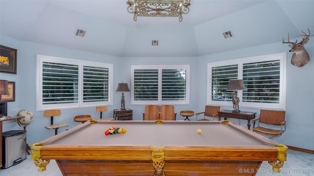 30230 S 562, Afton, OK 74331 - game room featuring carpet flooring, billiards, lofted ceiling, and a chandelier