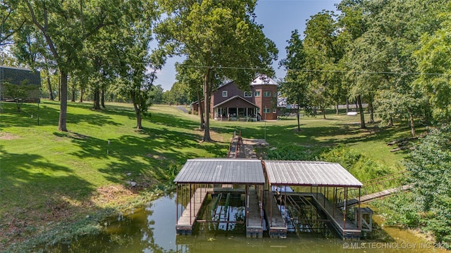 30230 S 562, Afton, OK 74331 - dock area with stairway, a yard, boat lift, and a water view