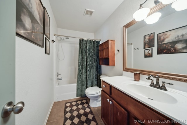 bathroom featuring vanity, toilet, tile patterned floors, and shower / bath combination with curtain