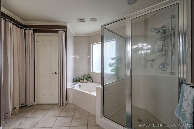 8212 S Delaware Pl, Tulsa, OK 74137 - bathroom with a shower stall, crown molding, tile patterned flooring, and a bath