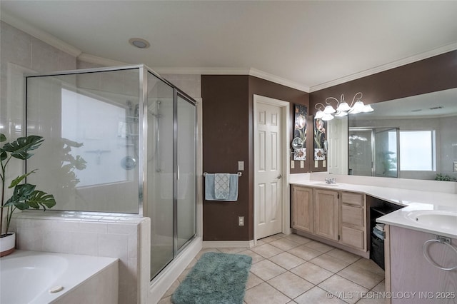 8212 S Delaware Pl, Tulsa, OK 74137 - full bathroom featuring vanity, ornamental molding, a shower stall, tile patterned floors, and a garden tub