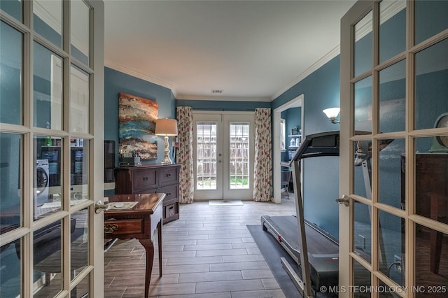 8212 S Delaware Pl, Tulsa, OK 74137 - workout room featuring french doors, ornamental molding, and wood finished floors