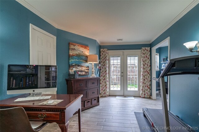 8212 S Delaware Pl, Tulsa, OK 74137 - office space with french doors, crown molding, and wood finished floors