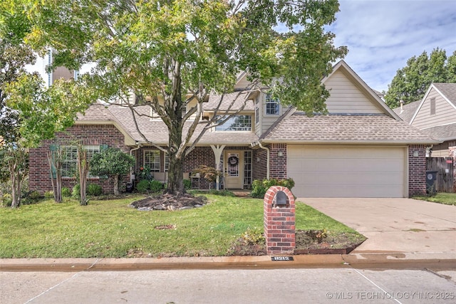 8212 S Delaware Pl, Tulsa, OK 74137 - view of front of home featuring brick siding, a garage, a front yard, driveway, and a shingled roof