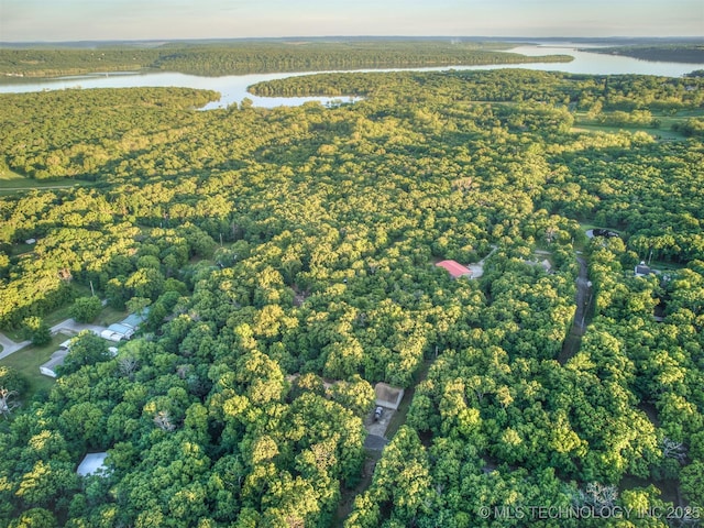 aerial view of property's location featuring a large body of water and a heavily wooded area