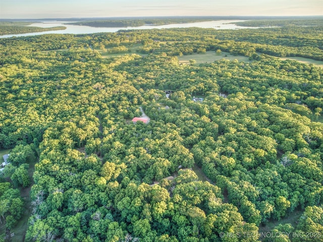 view of property location featuring a nearby body of water and a heavily wooded area