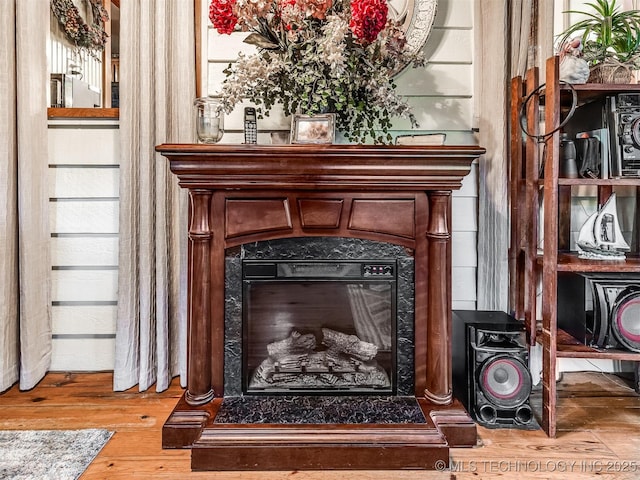 detailed view of a glass covered fireplace and wood finished floors