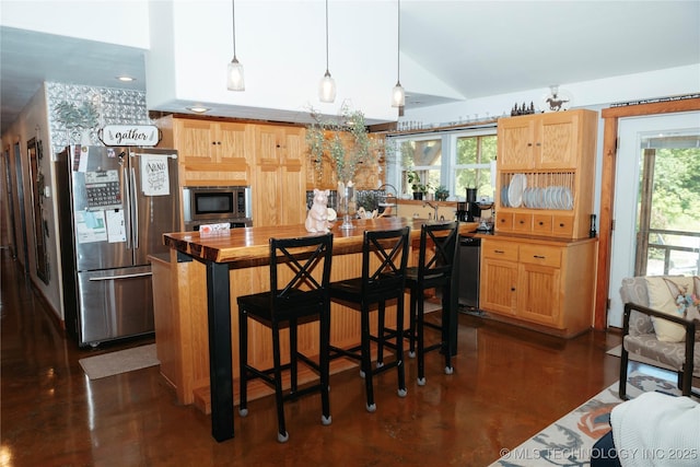 72413 S 4750th Rd, Westville, OK 74965 - kitchen with stainless steel appliances, wooden counters, healthy amount of natural light, hanging light fixtures, and vaulted ceiling