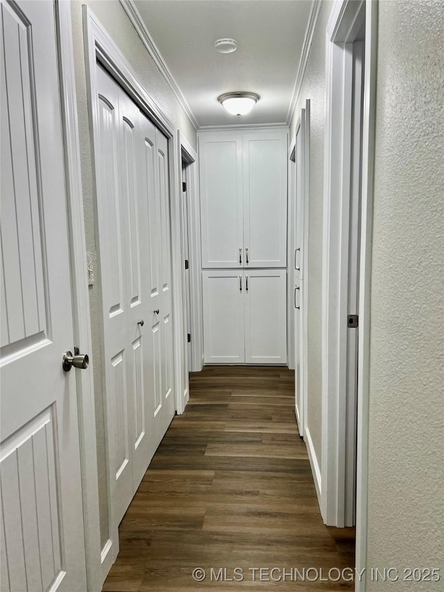 205 NE 1st St, Kingston, OK 73439 - hallway featuring dark wood-type flooring, ornamental molding, and a textured wall