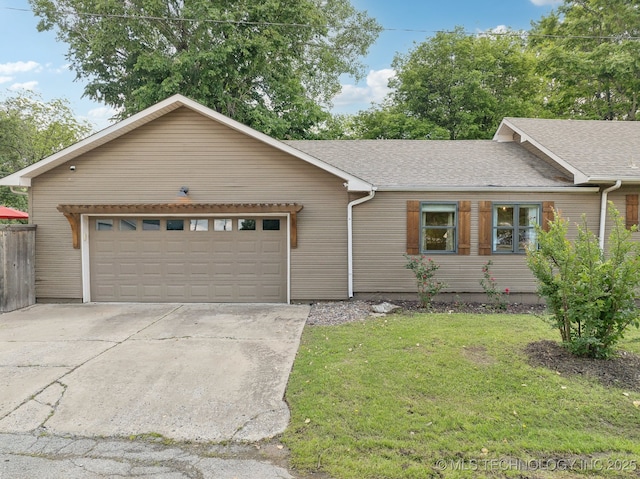 ranch-style house with driveway, a shingled roof, and a garage