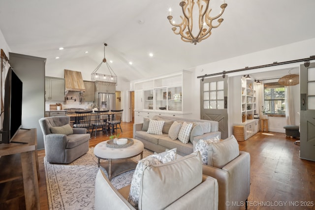 living room with a chandelier, dark wood finished floors, high vaulted ceiling, and recessed lighting
