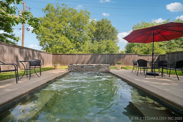 view of swimming pool featuring a fenced backyard and a patio