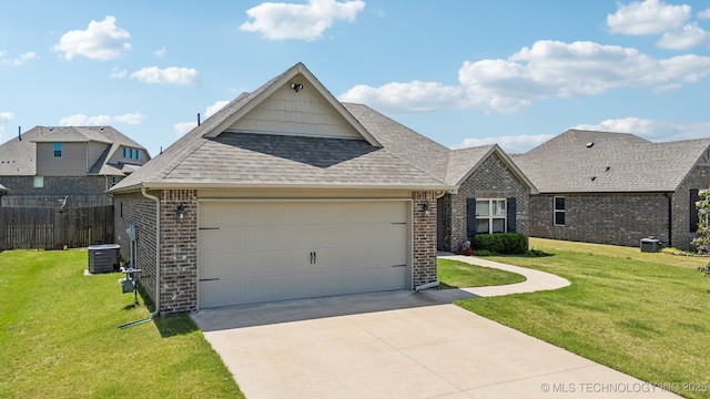 view of front facade with a shingled roof, central AC, brick siding, an attached garage, and driveway