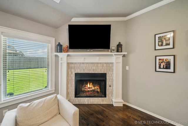 living room with dark wood finished floors, a fireplace, ornamental molding, and baseboards
