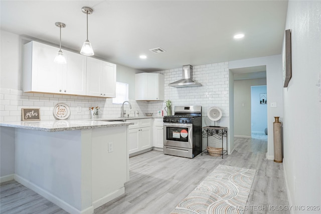 2017 N Quaker Ave, Tulsa, OK 74106 - kitchen featuring gas range, wall chimney range hood, white cabinetry, tasteful backsplash, and a peninsula
