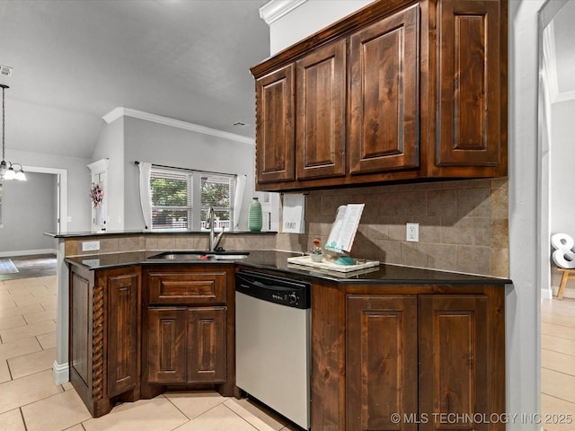 1912 Lester Ave, Bartlesville, OK 74006 - kitchen with stainless steel dishwasher, a sink, light tile patterned floors, tasteful backsplash, and ornamental molding