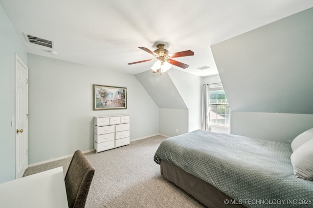 bedroom featuring carpet flooring, lofted ceiling, ceiling fan, and baseboards
