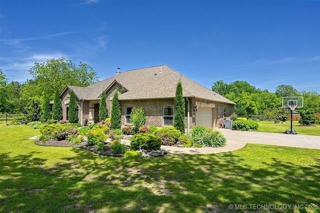 view of side of property featuring a garage, driveway, brick siding, and a shingled roof