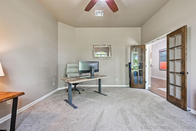 office area with carpet flooring, french doors, ceiling fan, and baseboards