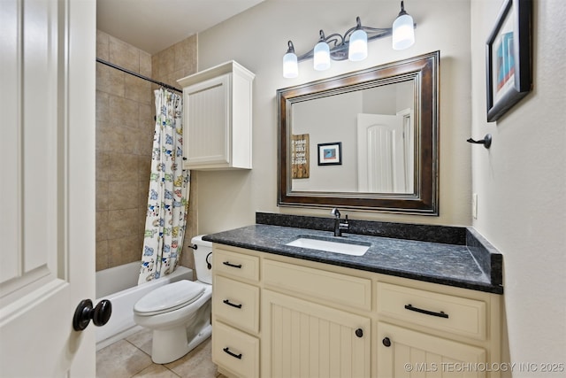 full bathroom with shower / bath combination with curtain, toilet, vanity, and tile patterned flooring