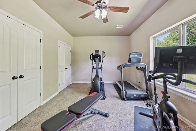 workout area featuring healthy amount of natural light, a ceiling fan, carpet, and baseboards