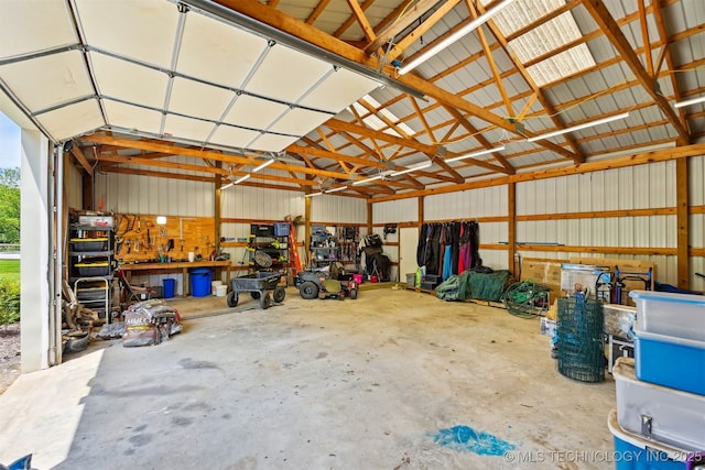 garage with a workshop area