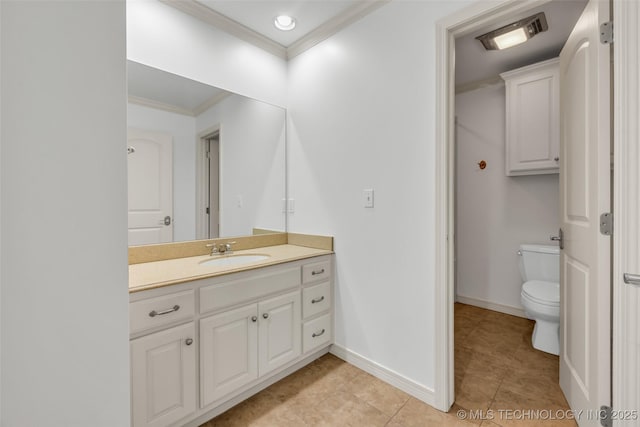 4501 E 108th Pl, Tulsa, OK 74137 - bathroom with crown molding, tile patterned flooring, vanity, toilet, and baseboards
