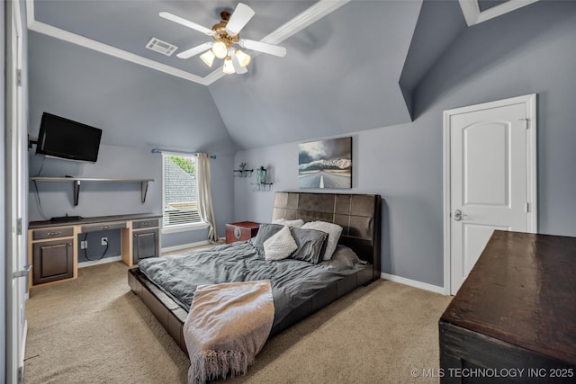 4501 E 108th Pl, Tulsa, OK 74137 - bedroom featuring carpet floors, vaulted ceiling, baseboards, ceiling fan, and crown molding