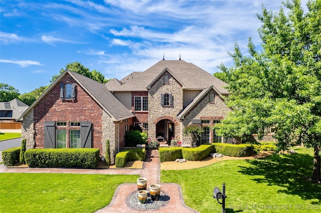 4501 E 108th Pl, Tulsa, OK 74137 - view of front facade with stone siding, a front lawn, a shingled roof, and board and batten siding