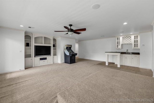 4501 E 108th Pl, Tulsa, OK 74137 - unfurnished living room featuring bar with sink, recessed lighting, ceiling fan, carpet flooring, and baseboards