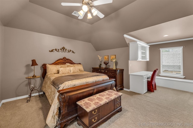 4501 E 108th Pl, Tulsa, OK 74137 - bedroom featuring light colored carpet, ceiling fan, baseboards, and vaulted ceiling