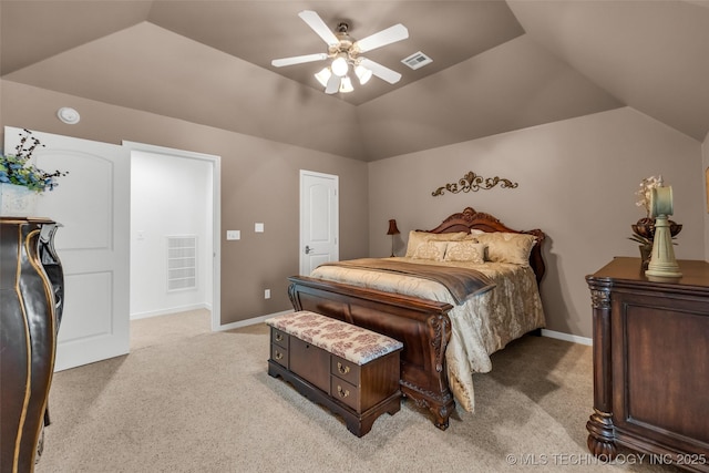4501 E 108th Pl, Tulsa, OK 74137 - bedroom featuring light carpet, vaulted ceiling, baseboards, and ceiling fan