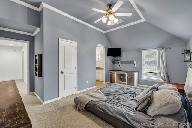 4501 E 108th Pl, Tulsa, OK 74137 - bedroom featuring carpet floors, lofted ceiling, baseboards, connected bathroom, and ceiling fan