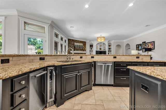 4501 E 108th Pl, Tulsa, OK 74137 - kitchen with dishwasher, a sink, light stone counters, ornamental molding, and light tile patterned flooring