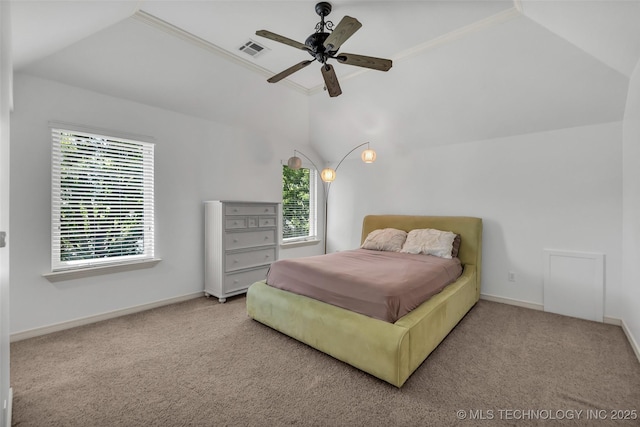 4501 E 108th Pl, Tulsa, OK 74137 - carpeted bedroom with vaulted ceiling, crown molding, a ceiling fan, and baseboards