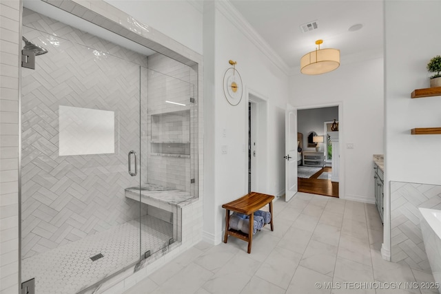 4501 E 108th Pl, Tulsa, OK 74137 - full bath featuring a stall shower, crown molding, vanity, baseboards, and marble finish floors