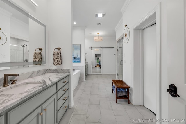 4501 E 108th Pl, Tulsa, OK 74137 - bathroom with a shower stall, marble look tile flooring, vanity, a garden tub, and crown molding