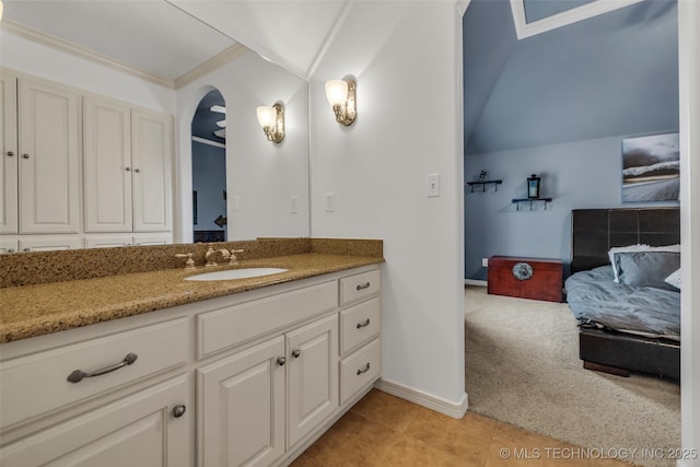 4501 E 108th Pl, Tulsa, OK 74137 - bathroom featuring vanity, ornamental molding, baseboards, and tile patterned flooring