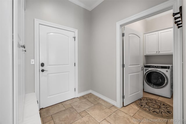 4501 E 108th Pl, Tulsa, OK 74137 - laundry room with washer / dryer, cabinet space, crown molding, and baseboards