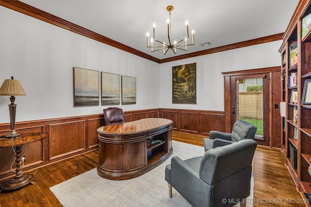 4501 E 108th Pl, Tulsa, OK 74137 - home office featuring dark wood-type flooring, a chandelier, ornamental molding, and a wainscoted wall