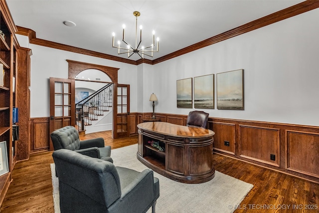 4501 E 108th Pl, Tulsa, OK 74137 - home office with wainscoting, a chandelier, crown molding, and dark wood-style floors
