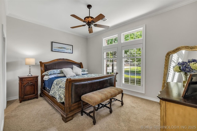 4501 E 108th Pl, Tulsa, OK 74137 - bedroom with light carpet, ornamental molding, baseboards, and a ceiling fan