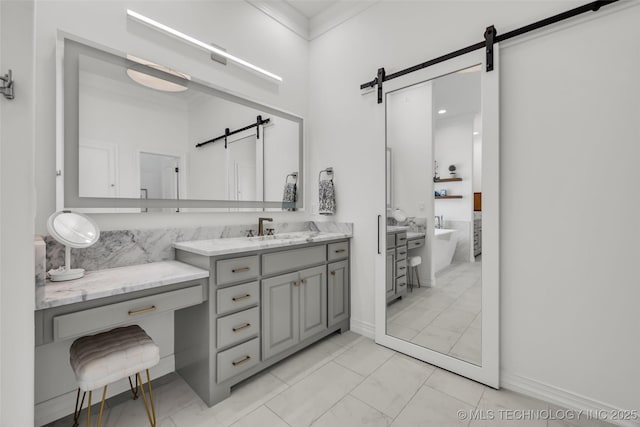 4501 E 108th Pl, Tulsa, OK 74137 - bathroom featuring marble look tile flooring, a soaking tub, vanity, and ornamental molding