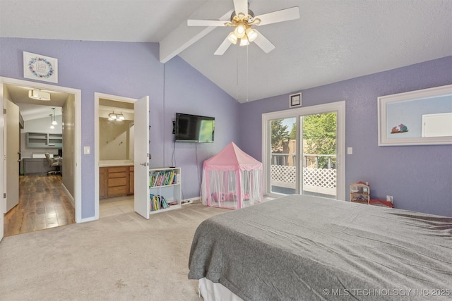 bedroom with carpet, ceiling fan, connected bathroom, and baseboards