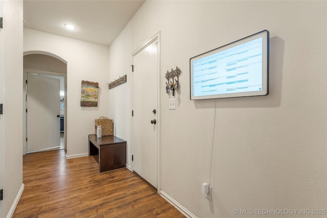 16990 S 33rd W Ave, Glenpool, OK 74033 - hallway with arched walkways, wood finished floors, baseboards, and recessed lighting