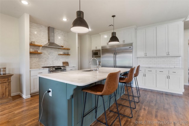 16990 S 33rd W Ave, Glenpool, OK 74033 - kitchen with backsplash, open shelves, white cabinets, wall chimney exhaust hood, and dark wood-style flooring