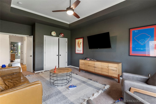 16990 S 33rd W Ave, Glenpool, OK 74033 - carpeted living room with a ceiling fan and crown molding