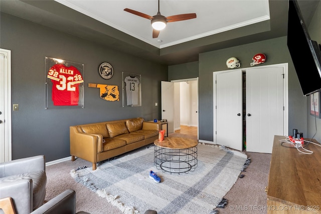 16990 S 33rd W Ave, Glenpool, OK 74033 - carpeted living area with ceiling fan, crown molding, and a raised ceiling
