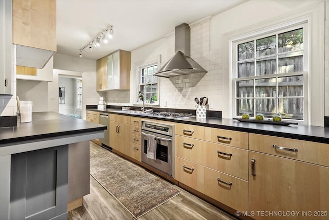 2650 S Utica Ave, Tulsa, OK 74114 - kitchen featuring appliances with stainless steel finishes, wall chimney exhaust hood, dark countertops, and light wood-style flooring
