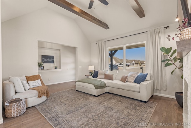 10104 S 227th E Ave, Broken Arrow, OK 74014 - living area featuring ceiling fan, high vaulted ceiling, wood finished floors, beam ceiling, and baseboards